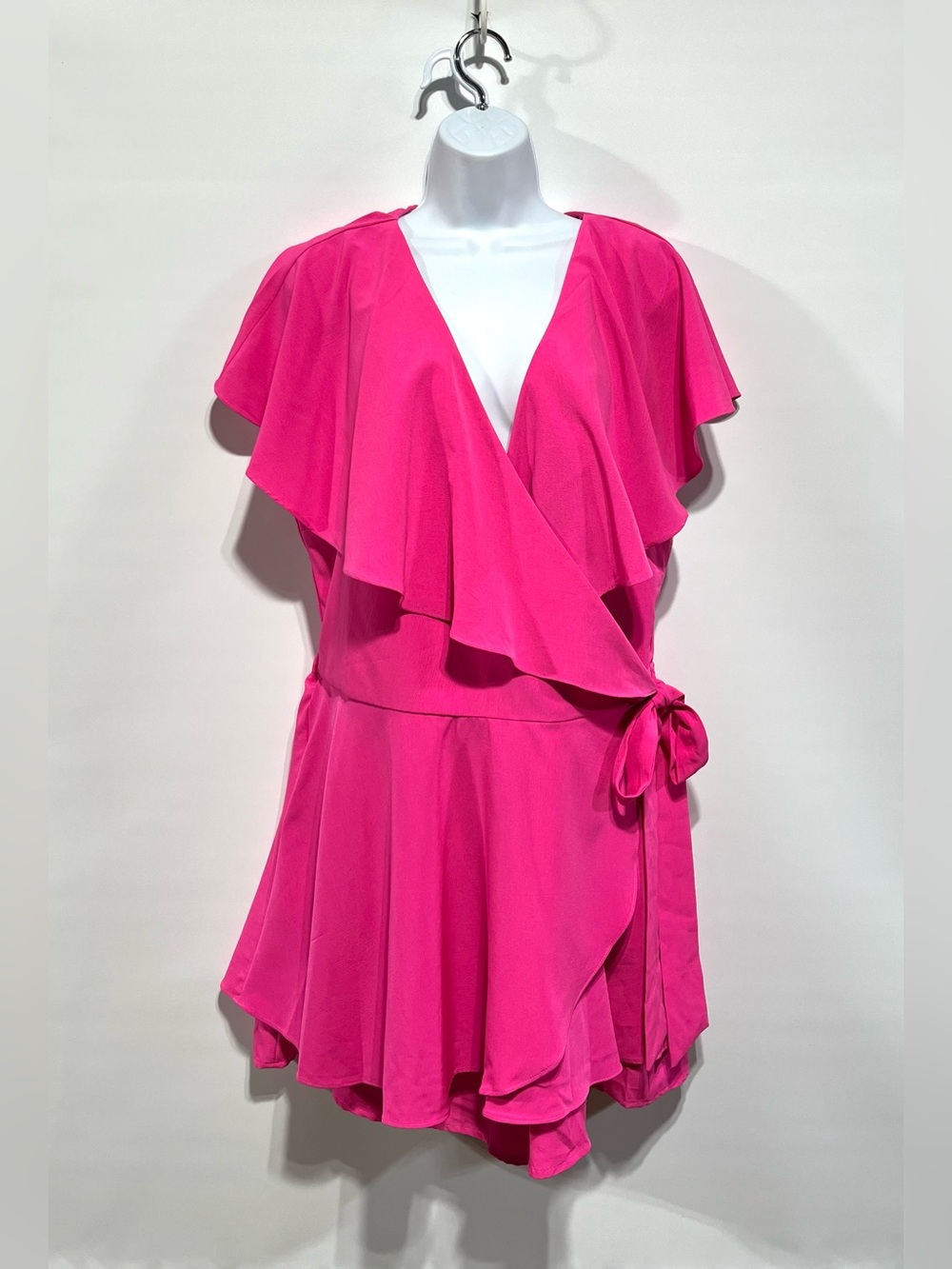 Main Strip Flutter-Sleeve Ruffle Wrap‎ Romper Hot Pink Size 2XL